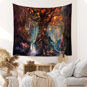 Bohemian fantasy forest tapestry with glowing lanterns and waterfall for room decor