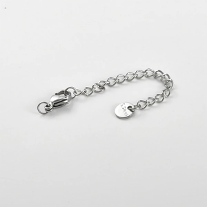 Detailed view of silver stainless steel extension chain with lobster clasp and S.Steel tag