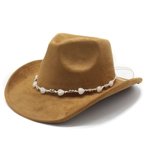 Ethnic brown suede western cowboy hat with heart beaded woven band for sun protection