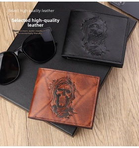 Detail of embossed skull patterns on high quality leather folding wallets for men