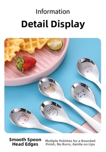 Detailed macro view of 304 stainless steel kids spoon with cartoon animal patterns