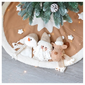 Detail of camel plush Christmas tree skirt with 3D Santa, Snowman and Reindeer dolls