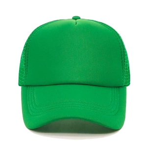 Detail view of emerald green mesh trucker hat with breathable side panels and stitched brim