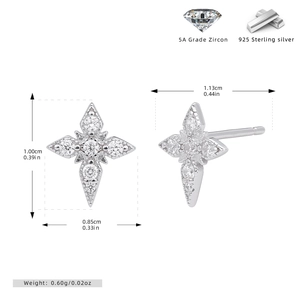 Macro shot of S925 sterling silver star stud earring with AAA zircon and size measurements