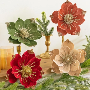 Velvet Christmas flowers with gold glitter in red, green, champagne, and orange colors