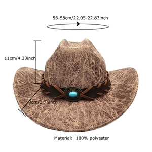 Brown Western cowboy hat with cracked texture, turquoise bead, and size measurement