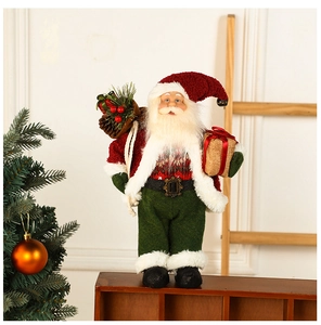 Close-up of Santa Claus doll with red hat and green pants in a cozy Christmas home setting