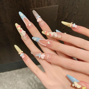 Handmade 3D stiletto press-on nails with cute cartoon rabbits and macaron heart charms