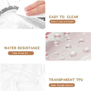 Detailed view of transparent TPU material highlighting water resistance and easy cleaning