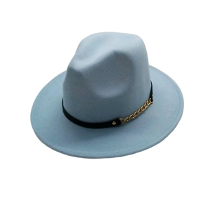 Classic light blue wool fedora hat with black band and decorative gold chain accent
