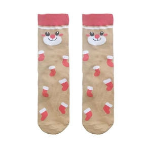 Dettaglio del motivo Babbo Natale e calze su cotone natalizio color kaki e rosso