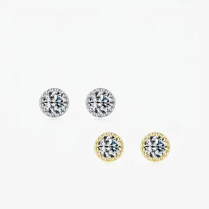 Stud Earrings Round Cubic Zirconia 925 Sterling Silver Earring Post Milgrain Edge Minimalist Elegant Jewelry For Women
