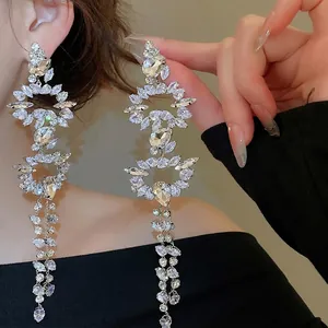 Long Tassel Earrings With Zircon Rhinestone Copper And 925 Sterling Silver Earring Post Luxury Wedding Party Jewelry For Women
