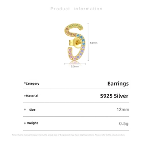Detailed size specifications of S925 sterling silver S-shaped rainbow zircon stud earring
