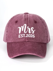 Detailed close-up of Mrs EST.2026 print on vintage washed burgundy cotton baseball cap