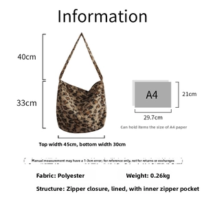 Detailed size specifications for large leopard print tote bag with A4 comparison