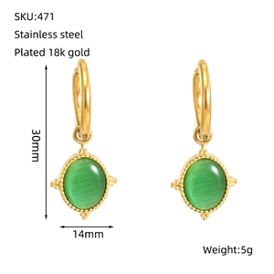 Detail showing 30mm 18k gold plated stainless steel hoops with green cat eye stone pendants