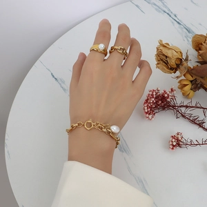 French vintage 18k gold plated titanium steel bracelet with pearls and rings set