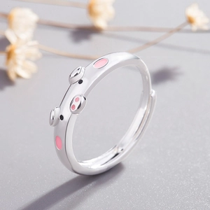 Silver pig ring with pink enamel ears and nose, adjustable open band for women