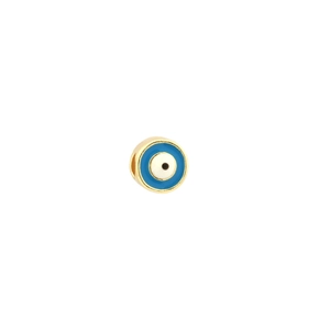 Detail shot of a small 18K gold plated evil eye pendant charm with blue enamel inlay