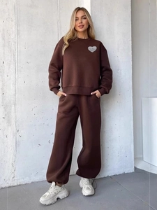 Women's brown crewneck heart sweatshirt and drawstring jogger pants two-piece set