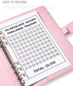 Macro shot of pink PU leather A5 binder with 100 envelope saving challenge tracker