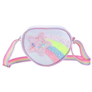 Glittery heart-shaped kids crossbody bag with shiny stars and rainbow strap
