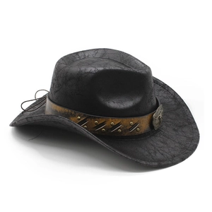 Classic black faux leather western cowboy hat with studded vintage bronze band