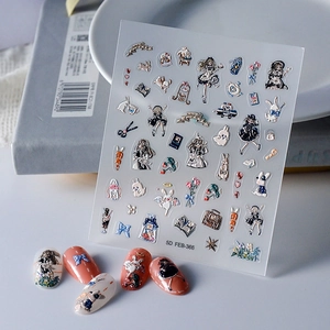 5D Embossed Nail Art Stickers Waterproof Lolita Anime Girl Design Rabbit Flower DIY Manicure Decoration Adhesive Decals