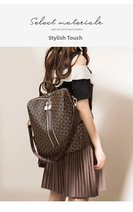 Detail of premium brown leather backpack with geometric pattern and golden zippers