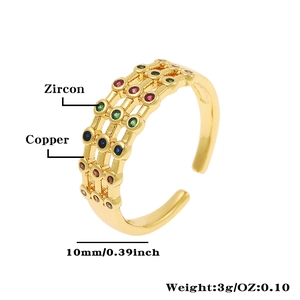 Detailed size view of a 10mm wide gold copper ring featuring colorful zircon stones