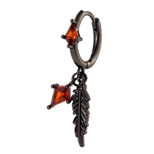 Orecchino a cerchio con piuma e zircone romboidale arancione in metallo nero per unisex