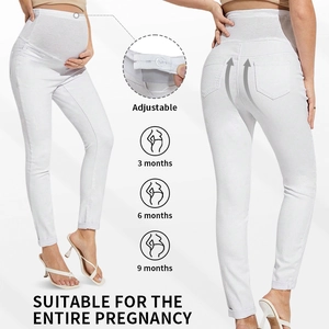 White maternity skinny jeans with adjustable high waist for full pregnancy support