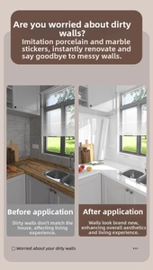 Before and after comparison of self-adhesive white marble waterproof kitchen wall stickers