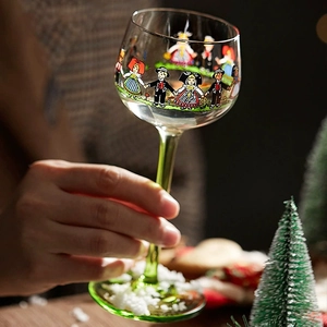 European luxury Alsace wine glass with green stem and hand-painted children pattern