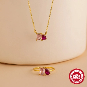 S925 sterling silver jewelry set with pink rectangle and red teardrop zircon stones