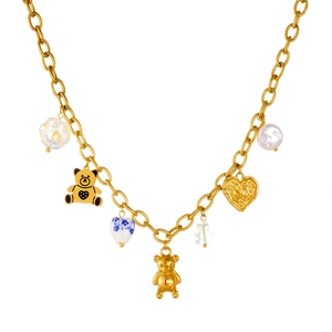 Fashionable gold-plated chain necklace with cute 3D bear, printed heart, and pearl charms
