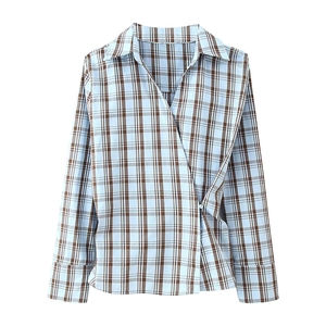 Plaid Checkered Blouse Shirt For Women Polyester Long Sleeve V Neck Double Breasted Fashion Casual Chic Top