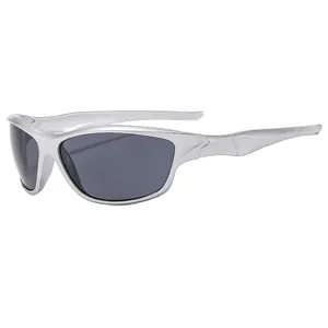 Y2K Cyberpunk sports sunglasses with silver frame and dark grey polarized lenses
