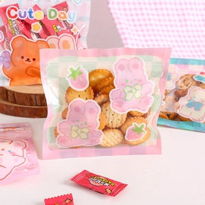 Cute cartoon self-sealing snack bags featuring pink bear patterns for biscuits and candy