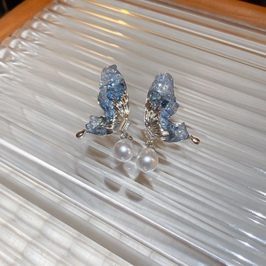 Détail de boucles d'oreilles papillon bleues avec perles sur plateau verre