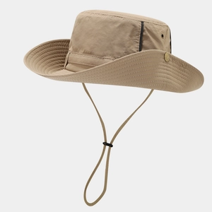 Detail of khaki outdoor sun hat with wide reinforced brim and adjustable chin strap