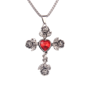 Hip hop stainless steel rose cross necklace with a central red heart gemstone pendant