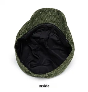 Detail showing the inner black lining and premium herringbone fabric of the newsboy cap