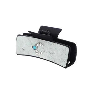 Western style leather hair claw with marble texture, crescent moon and turquoise inlay