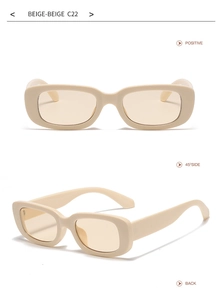 Detail view of beige rectangular sunglasses showing front and 45-degree side profiles
