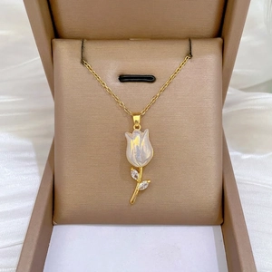 Tulip Pendant Necklace Stainless Steel Chain Copper Zirconia Mother Of Artificial Pearl Effect French Light Luxury For Women