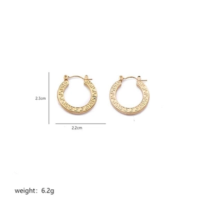 Detailed view of irregular gold-plated hoop earrings with Greek key pattern and dimensions
