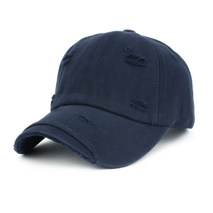 Navy blue distressed cotton baseball cap with ripped details and a six-panel crown