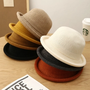 Women Retro Knitted Bucket Hat Warm Thick Winter Rolled Brim Solid Color Cloche Hat For Outdoor Casual